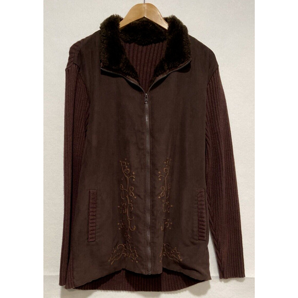 Avon Women's Brown‎ Embroidery Rib Faux Fur Suede Knit Zip Sweater Jacket Sz 2X - Picture 2 of 10